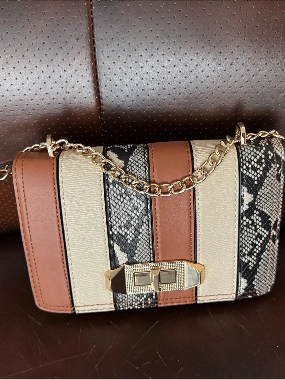 Aldo Striped Snake-Print Crossbody in Brown, Black & Cream